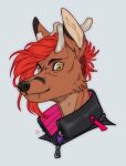  2019 ambiguous_gender anthro antlers artist_logo black_clothing black_nose black_topwear brown_body brown_fur bust_portrait clothed clothing dated deer fur glistening glistening_eyes grey_antlers grey_background hair hi_res horn logo looking_at_viewer mammal mouth_closed portrait red_hair riorix simple_background solo topwear yellow_eyes 