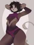  &lt;3 &lt;3_eyes anthro black_hair breasts brown_body brown_fur clothed clothing curled_hair female fur hair hand_behind_head hi_res mammal missy_(artist) mostly_nude navel panties skimpy solo tail tail_tuft topwear tuft under_boob underwear unknown_species 