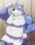  2022 anthro belly blush bulge canid canine canis domestic_dog emufu hi_res humanoid_hands kemono locker_room male mammal moobs nipples slightly_chubby solo towel 