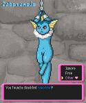  2023 5:6 ambiguous_gender animated blinking blue_body blush bound cuff_(restraint) digital_media_(artwork) eeveelution english_text feral gameplay_mechanics generation_1_pokemon hi_res looking_at_viewer mammal navel nintendo pixel_(artwork) pixel_animation pokemon pokemon_(species) pokemon_mystery_dungeon restraints shackled shackles shackles_only short_playtime solo suspension text text_box vaporeon watermark wide_hips zabozamojo 