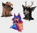  2019 ambiguous_gender anthro artist_logo black_hair blue_body blue_eyes blue_fur brown_body canid cheek_tuft dated deer facial_tuft fangs feral fur glistening glistening_eyes green_eyes grey_background grey_body grey_eyes hair head_tuft hyena logo long_hair mammal mouth_closed multicolored_body multicolored_fur narrowed_eyes neck_tuft open_mouth red_body red_fur red_tongue riorix simple_background sketch_page solo tan_hair teeth tongue tuft white_background yellow_body yellow_fur 