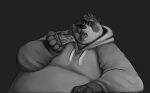  anthro arm_support belly big_belly bodily_fluids claws clothed clothing conell eyewear facial_markings food fur glasses greyscale head_markings hi_res holding_food holding_object holding_pizza hoodie male mammal markings mask_(marking) monochrome obese obese_anthro obese_male open_mouth overweight overweight_anthro overweight_male pizza procyonid raccoon saliva solo teeth tongue tongue_out topwear 