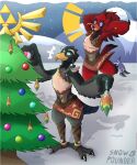  anthro avian bird black_body black_feathers breath_of_the_wild cardinal_(bird) christmas christmas_tree clothing duo feathers hi_res holidays leather leather_clothing male nintendo oscine passerine plant purple_eyes ravizo red_body red_feathers rito snow snow_pounder_(artist) snowball teal_eyes the_legend_of_zelda tree unknown_character 