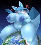  &lt;3 2019 anthro areola big_breasts blue_body blue_eyes blue_fur blue_nipples blush breasts cosmic_background earth eeveelution female fur generation_4_pokemon genitals giga glaceon hi_res huge_breasts japanese_text kify landscape_dwarfing macro navel nintendo nipples overweight overweight_female planet planet_destruction pokemon pokemon_(species) puffy_areola pussy sitting solo space starry_background text thick_thighs 