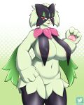 4:5 anthro areola big_breasts breasts featureless_crotch female generation_9_pokemon green_body hi_res lightwayarts looking_at_viewer meowscarada nintendo pokemon pokemon_(species) purple_eyes solo thick_thighs 