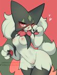  &lt;3 3:4 3_fingers anthro areola biped black_body bodily_fluids breasts female fingers generation_9_pokemon genitals green_body hi_res looking_at_viewer meowscarada navel nintendo nipples open_mouth pawpads pokemon pokemon_(species) pussy red_background red_eyes saliva seviyummy simple_background solo 