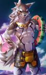 abs ama_imakuma anthro beach canid canine canis clothing eyes_closed flotation_device gold_(metal) gold_jewelry gold_necklace hi_res jackal jewelry lifewonders male mammal muscular muscular_male navel necklace sea seaside seth_(tas) smile solo swimming_trunks swimwear tokyo_afterschool_summoners water 