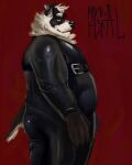  2022 anthro badger belly chubby_male clothed clothing digital_media_(artwork) facial_piercing fur glistening glistening_clothing hi_res latex male male/male mammal metalferal moobs mustelid musteline nose_piercing overweight piercing rubber rubber_clothing rubber_suit simple_background smile solo tight_clothing zeppelin(metalferal) 