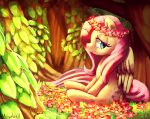  2013 digital_media_(artwork) digital_painting_(artwork) equid equine eyelashes feathers female feral floral_headwear flower fluttershy_(mlp) friendship_is_magic hair hasbro mammal mewball my_little_pony pegasus pink_hair pink_tail plant signature solo tail tree wings yellow_body yellow_feathers 
