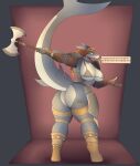  absurd_res anthro armor axe big_breasts big_butt boots breasts butt clothing dialogue female female/female fish footwear hair hi_res huntress_(nutty_butty) long_hair marine melee_weapon muscular muscular_anthro muscular_female photolol.03 rear_view shark simple_background solo text thick_thighs weapon wide_hips 