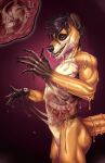  2019 anthro anthro_pred anthro_prey artist_logo black_claws black_hair brown_body brown_fur canid claws dated duo eyes_closed featureless_crotch finger_claws fur glistening glistening_eyes goo_creature hair hi_res inside_stomach logo male mammal narrowed_eyes nude open_mouth open_smile organs pawpads pink_pawpads red_eyes riorix rodent short_hair smile teeth vore 