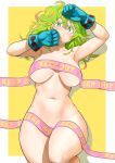  1girl absurdres anagumasan armpits arms_up bangs blue_gloves blush boku_no_hero_academia breasts caution_tape collarbone cowboy_shot gloves green_eyes green_hair hagakure_tooru hair_between_eyes highres keep_out large_breasts long_hair looking_at_viewer messy_hair multicolored_hair naked_ribbon navel nude open_mouth parted_lips pink_hair ribbon shadow sidelocks solo stomach thick_eyelashes thighs unusually_visible 