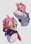  2023 amy_rose anthro big_butt blush butt camel_toe clothed clothing double_v_sign eulipotyphlan female fiinel gesture gloves green_eyes hair handwear hedgehog hi_res looking_at_viewer looking_back mammal open_mouth open_smile pink_hair sega simple_background smile smiling_at_viewer solo sonic_the_hedgehog_(series) v_sign wide_hips 
