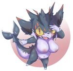  anthro big_breasts black_body black_scales blush breasts chubby_female countershading doneru dragon fangs female fin genitals hi_res highlights_(coloring) horn innie_pussy looking_at_viewer navel nipples nude pussy red_highlights scales scalie short_stack simple_background solo spikes tail tail_fin teeth 