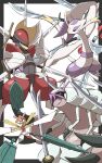  +_+ bisharp black_eyes closed_mouth commentary_request frown golisopod highres kartana katana looking_at_viewer mienshao no_humans open_mouth pokemon pokemon_(creature) red_eyes shabana_may sword tongue weapon 