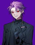  1boy black_gloves black_jacket black_shirt cigarette closed_mouth commentary_request earrings gloves highres holding holding_cigarette jacket jewelry korean_commentary long_sleeves male_focus open_clothes open_jacket purple_background purple_hair red_eyes saibou_shinkyoku shirt short_hair simple_background smile solo solo_a theodore_riddle turtleneck upper_body 