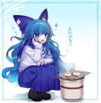  +_+ 1girl :d black_footwear blue_background blue_bow blue_hair blue_skirt bow commentary_request debt food full_body gradient gradient_background grill hair_bow hand_on_own_cheek hand_on_own_face kujou_mikuru long_hair long_sleeves open_mouth shichirin sitting skirt sleeves_past_wrists smile solo sparkle sweater touhou translation_request white_sweater yorigami_shion 