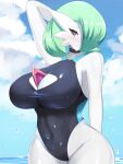  3:4 big_breasts breasts cleavage clothed clothing female gardevoir generation_3_pokemon green_hair hair hi_res huge_breasts nintendo not_furry one-piece_swimsuit pokemon pokemon_(species) sana!rpg solo swimwear wet wet_body white_body wide_hips 