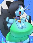  anthro big_breasts black_hair blue_body breasts bunnemilk cleavage clothed clothing dewott dress female generation_5_pokemon hair hi_res huge_breasts hyper hyper_breasts legwear nintendo pokemon pokemon_(species) solo thick_thighs thigh_highs 