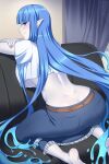  blue_hair bottomwear breasts butt clothing elemental_creature elemental_humanoid female hair hi_res humanoid lindaroze_(artist) looking_at_viewer looking_back looking_back_at_viewer not_furry skirt solo under_boob water water_creature water_humanoid 