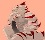  2022 abs anthro claws crocodilian digital_drawing_(artwork) digital_media_(artwork) fist haze_alligator hi_res male mouth_closed muscular muscular_male pupils red_eyes reptile scalie simple_background slit_pupils solo teeth vein veiny_muscles white_body 