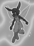  4_wings anthro bag black_and_white black_body black_fur black_hair clothing female fur hair insect_wings monochrome multi_wing pooka signature solo unknown_artist unknown_artist_signature wings 