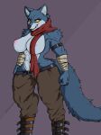  abs absurd_res anthro bandage bandaged_arm belt bergamo big_breasts blue_body blue_fur boots bottomwear breasts canid canine canis clothing crossgender dragon_ball dragon_ball_super female footwear fur hi_res inner_ear_fluff mammal methados muscular muscular_anthro muscular_female nipples pants scarf simple_background smile solo standing tuft wolf yellow_eyes 