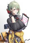  1girl absurdres ahoge blush breasts cleavage clothes_around_waist de_lacey_(girls&#039;_frontline_nc) enin girls&#039;_frontline_neural_cloud gloves green_eyes highres large_breasts mole short_hair shorts smile solo strap symbol-shaped_pupils 