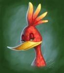  2009 avian banjo-kazooie beak breegull bust_portrait digital_media_(artwork) digital_painting_(artwork) eyelashes feathers female feral green_background green_eyes kazooie lidded_eyes looking_at_viewer portrait rareware red_body red_feathers simple_background smashsweetie solo yellow_beak 