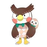  1:1 2016 alpha_channel animal_crossing anthro avian bird blathers_(animal_crossing) cyorg duo generation_7_pokemon green_bow_tie looking_at_viewer male nintendo owl pokemon pokemon_(species) rowlet simple_background smile standing transparent_background 
