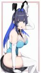  1girl :o absurdres animal_ears ass bare_hips bare_shoulders between_breasts black_necktie blue_eyes blue_hair blue_leotard breasts bunny_pose cleavage colored_inner_hair curvy dark_blue_hair detached_collar elbow_gloves fake_animal_ears fake_tail fang from_side gloves hair_intakes highres hololive hololive_english large_breasts leotard long_hair looking_at_viewer multicolored_hair necktie necktie_between_breasts o22no official_alternate_hairstyle open_mouth ouro_kronii playboy_bunny rabbit_ears rabbit_tail simple_background sitting stool tail thighhighs thighs virtual_youtuber white_background white_gloves white_thighhighs 