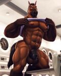  2023 4:5 abs animal_genitalia animal_penis anthro balls big_balls bottomless brown_body clothed clothing clothing_lift digital_media_(artwork) dream_and_nightmare equid equine equine_penis genitals hi_res horse looking_at_viewer male mammal muscular muscular_anthro muscular_male nipple_piercing nipples officer_munroe pecs penis piercing shirt shirt_lift solo topwear 