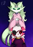  anthro anthrofied black_sclera breasts canid canine canis class_zero clothed clothing collar crown digital_media_(artwork) dragon duo e-01 eyes_closed female fur generation_5_pokemon generation_7_pokemon green_body green_fur hair hi_res legendary_pokemon looking_at_viewer lycanroc maggy_(lycan) mammal midnight_lycanroc multicolored_body multicolored_fur nintendo pink_body pink_nose pokemon pokemon_(species) pokemorph red_eyes reshiram simple_background size_difference two_tone_body two_tone_fur white_body white_fur zero_one 