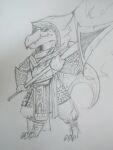  armor clothing eyewear fire hi_res hood kobold lizard male melee_weapon polearm reptile scalie solo spear sunglasses vono weapon 