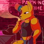  1:1 anthro big_penis canid canine clothed clothing digital_media_(artwork) drugs english_text erection fizzyjay fox genitals gregg_lee hi_res huge_penis male mammal marijuana night_in_the_woods penis smoke smoking solo text topwear video_games 