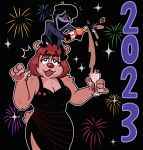  2023 alcohol anthro bear beret beverage black_clothing black_dress blarf022 breasts champagne champagne_glass cleavage clothed clothing dress duo female fireworks hat headgear headwear hi_res holidays humanoid imp male mammal new_year new_year_2023 pawpads sherry_bear_(blarf022) 