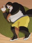  2023 anthro belly bernese_mountain_dog big_belly black_body brown_body canid canine canis clothed clothing domestic_dog erection erection_under_clothing hi_res humanoid_hands kemono kick_(artist) lying male mammal molosser mountain_dog navel overweight overweight_male solo swiss_mountain_dog underwear white_body 