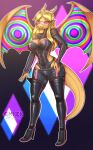  2022 2_horns 5_fingers absurd_res anthro big_breasts black_bottomwear black_clothing black_high_heels black_legwear black_thigh_highs blonde_hair bottomwear breasts cleavage clothed clothing complextree dragon dream_searcher_(jortyguy) eyewear female fingers footwear glasses grin hair hi_res high_heels horn hypnosis latex_armwear latex_bottomwear latex_clothing latex_leotard latex_thigh_highs legwear leotard looking_at_viewer mind_control rubber scales scalie simple_background smile solo spread_wings standing thigh_highs tight_clothing wings yellow_body yellow_eyes yellow_scales 