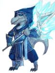  armor blue_fire clothing colored_fire dungeons_and_dragons eyewear fire grey_body grey_scales hasbro hi_res hood kobold male melee_weapon pathfinder polearm scales solo spear sunglasses vono weapon wizards_of_the_coast 