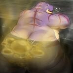  ambiguous_species anthro big_butt butt fart fart_bubbles fart_fetish hot_spring huge_butt leaning male markings open_mouth overweight overweight_male purple_body purple_skin rear_view solo steam suzume_333 tan_body tan_skin water 