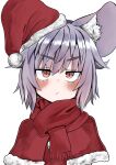  1girl absurdres animal_ear_fluff animal_ears bangs blush breasts capelet closed_mouth commentary_request expressionless fur-trimmed_capelet fur-trimmed_headwear fur_trim ginger_ale_(syouga_6383) grey_hair hat highres looking_at_viewer mouse_ears mouse_girl nazrin pom_pom_(clothes) portrait red_capelet red_eyes red_headwear red_scarf santa_hat scarf short_hair simple_background small_breasts solo tilted_headwear touhou white_background 