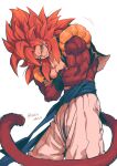  1boy absurdres artist_name baggy_pants biceps black_nails black_vest black_wristband blue_eyes blue_sash body_fur cowboy_shot crossed_arms dragon_ball dragon_ball_gt fingernails gogeta highres leaning_to_the_side long_hair looking_at_viewer male_focus metamoran_vest monkey_tail muscular muscular_male nail_polish open_clothes open_vest pants parted_lips pectorals red_fur red_hair relio_db318 sash simple_background smile solo spiked_hair standing super_saiyan super_saiyan_4 tail twitter_username v-shaped_eyebrows vest white_background white_pants wristband 