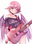  1girl animal_ears bird_ears bird_wings black_shirt blush closed_mouth clothes_writing cosplay cowboy_shot electric_guitar guitar hecatia_lapislazuli hecatia_lapislazuli_(cosplay) holding holding_instrument instrument mystia_lorelei off-shoulder_shirt off_shoulder pink_hair pink_wings rangycrow shirt short_hair simple_background solo t-shirt touhou white_background wings yellow_eyes 