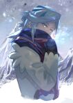  1boy blue_mittens blue_scarf commentary_request from_side grusha_(pokemon) highres jacket long_hair long_sleeves male_focus mountain outdoors poke_ball_print pokemon pokemon_(game) pokemon_sv scarf scarf_over_mouth snowing solo tomaton_(t_0) yellow_jacket 