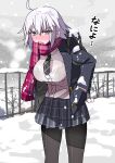  1girl absurdres akitokage backpack bag bangs black_jacket black_pantyhose black_skirt blush breasts fate/grand_order fate_(series) grey_hair hands_in_pockets highres jacket jeanne_d&#039;arc_alter_(avenger)_(fate) jeanne_d&#039;arc_alter_(fate) large_breasts long_sleeves looking_at_viewer necktie open_clothes open_jacket open_mouth outdoors pantyhose pleated_skirt red_scarf scarf shirt short_hair skirt snow snowing solo translation_request white_shirt yellow_eyes 
