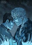  2boys bad_id bad_tumblr_id bara black_hair blonde_hair casual collared_shirt couple cris_art earrings from_side hand_on_another&#039;s_shoulder happy hulkling jewelry large_hands long_sideburns male_focus marvel multiple_boys shirt short_hair sideburns smile upper_body wiccan yaoi 