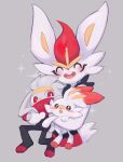  3rd_rb :d absurdres blush blush_stickers bright_pupils cinderace closed_eyes commentary_request evolutionary_line grey_background highres open_mouth pokemon pokemon_(creature) raboot red_eyes scorbunny smile sparkle tongue white_pupils 