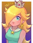  1girl bare_shoulders blonde_hair blue_dress blue_eyes brooch crown dress earrings eyelashes hair_over_one_eye highres jewelry long_hair looking_at_viewer mario_(series) mario_tennis nonoworks rosalina signature sleeveless sleeveless_dress smile solo star_(symbol) star_earrings upper_body 