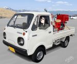  1girl black_hair day flick_(sal23) ground_vehicle highres honda_super_cub long_hair mazda mazda_porter_cab motor_vehicle outdoors pickup_truck reiko_(super_cub) solo super_cub truck 