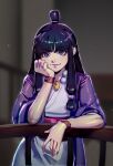  1girl ace_attorney bangs black_hair datcravat hair_ornament half_updo hand_on_own_cheek hand_on_own_face head_rest highres jacket japanese_clothes jewelry kimono looking_at_viewer magatama magatama_necklace maya_fey necklace purple_jacket white_kimono 